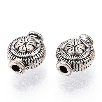 Tibetan Style Alloy Beads, Cadmium Free & Lead Free, Flat Round with Flower, Antique Silver, 9.5x8x5mm, Hole: 1.5mm