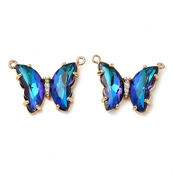Brass Pave Faceted Glass Connector Charms, Golden Tone Butterfly Links, Cyan, 17.5x23x5mm, Hole: 0.9mm