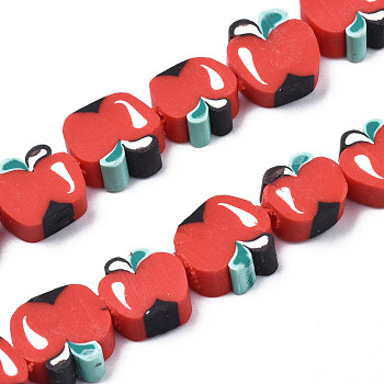 Handmade Polymer Clay Bead Strands, Apple Slice, Red, 8~10.5x8.5~11x4~6mm, Hole: 1.2mm, about 40pcs/strand, 15.75 inch(40cm)