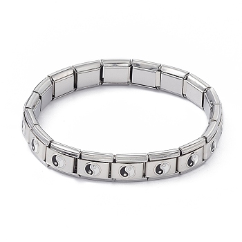 Tile Bracelet, 304 Stainless Steel Rectangle Beaded Stretch Bracelet for Women, Stainless Steel Color, Yin Yang Pattern, Inner Diameter: 2 inch(5.2cm)