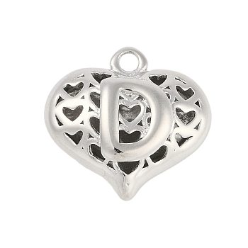 Hollow Brass Pendants for Valentine's Day, Heart with Letter, Real Platinum Plated, Letter D, 25x26x13mm, Hole: 2.5mm