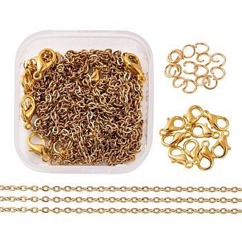 DIY 1.8m Flat Oval Soldered Vacuum Plated 304 Stainless Steel Cable Chains Necklace Making Kits, 30Pcs Jump Rings and 10Pcs Zinc Alloy Lobster Claw Clasps, Golden, Links: 2.5x2x0.5mm, 1.8m