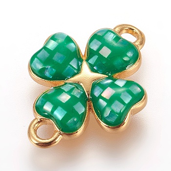 Brass Enamel Links, with Freshwater Shell, Four Leaf Clover, Golden, Green, 16.5x12x2.5mm, Hole: 1.5mm