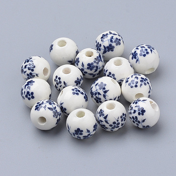 Handmade Printed Porcelain Beads, Round, Prussian Blue, 10mm, Hole: 3mm