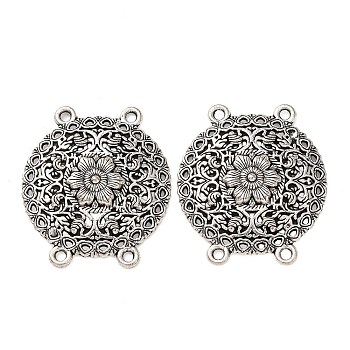 Tibetan Style Alloy Multi-Strand Links, 4-Loop, Hollow Flat Round with Flower, Antique Silver, 34x30x4.5mm, Hole: 2mm, about 213pcs/1000g
