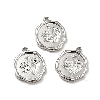 304 Stainless Steel Pendant Rhinestone Settings, Flat Round with Palm & Foot Print, Stainless Steel Color, Fit for 1mm Rhinestone, 20x16x2.5mm, Hole: 1.4mm