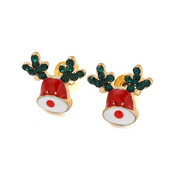 Christmas Alloy Emerald Rhinestone Stud Earrings for Women, with Brass Pins, Golden, Deer, 12x12mm