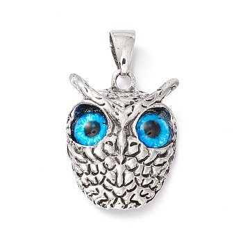 Retro Punk Alloy Pendants, with Glass, Owl with Evil Eye, Dodger Blue, 26x18.5x6mm, Hole: 7.5x4mm