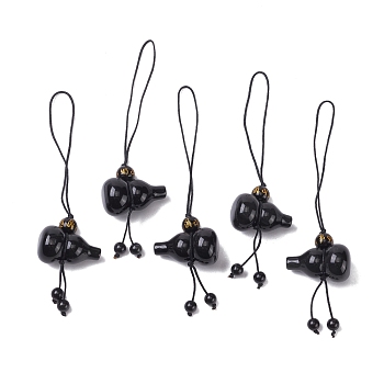 Natural Obsidian Pendant Decoration, with Round Beads and Gourd, 110mm