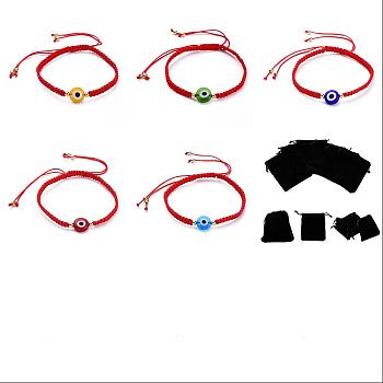 5Pcs 5 Colors Flat Round with Evil Eye Braided Bead Bracelets Set, Red Lucky Adjustable Bracelets for Women, Mixed Color, Inner Diameter: 2-1/2~4-1/8 inch(6.5~10.5cm), 1pc/color