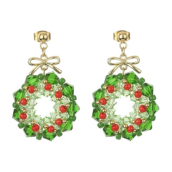 Glass Christmas Wreath Dangle Stud Earrings, 304 Stainless Steel Jewelry, Colorful, 41~42x26.5~27mm