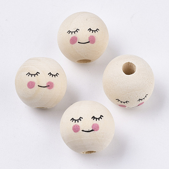 Natural Wood European Beads, Printed, Large Hole Beads, Round, Old Lace, 15~16mm, Hole: 4mm, about 380pcs/500g