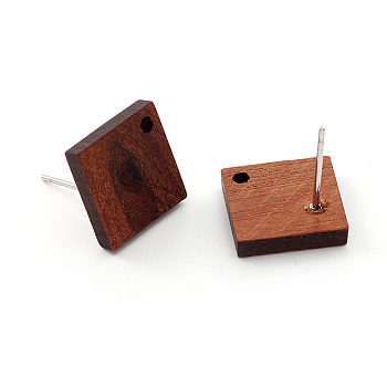 Coconut Brown Wood Stud Earring Findings, with Alloy Earring Pin, Rhombus, Platinum, 16.5x16.5x2.5mm, Hole: 1.5mm, Pin: 0.6mm