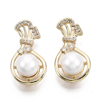 Brass Micro Cubic Zirconia Pendants, with ABS Plastic Imitation Pearl Beads, Nickel Free, Real 18K Gold Plated, Creamy White, 21.5x11x8mm, Hole: 1.2mm