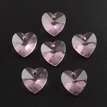 Transparent Glass Heart Pendants, Faceted, Pink, 14x14x8mm, Hole: 1.5mm