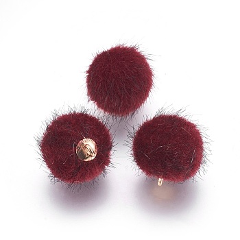 Handmade Plush Cloth Fabric Covered, with CCB Plastic Findings, Round, Golden, Dark Red, 17x15mm, Hole: 1.5mm