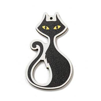 Wood Pendants, Halloween Theme, Black, Cat Shape, 55x32x3mm, Hole: 2mm