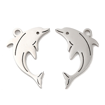 304 Stainless Steel Pendants, Dolphin Charm, Stainless Steel Color, 21.5x14x1.5mm, Hole: 1.8mm