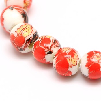 Handmade Flower Printed Porcelain Ceramic Beads Strands, Round, Orange Red, 6mm, Hole: 2mm, about 60pcs/strand, 13 inch