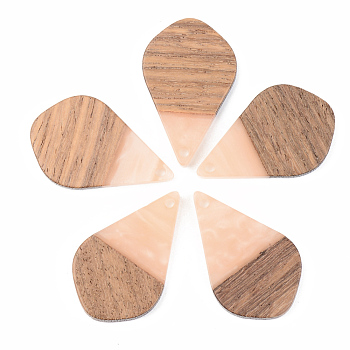 Opaque Resin & Walnut Wood Pendants, Teardrop, Light Salmon, 28x17.5x3mm, Hole: 1.8mm