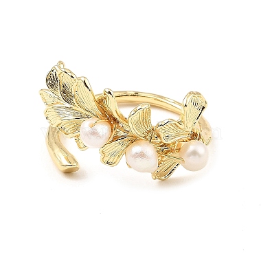 Brass Leaf Open Cuff Ring with Natural Pearl Beaded for Women(RJEW-K090-02G)-2