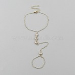 304 Stainless Steel Rhinestone Flat Round Link Finger Ring Bracelets for Women, Light Gold, 7-1/8 inch(18cm)(BJEW-WH20014-01G)