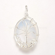 Opalite Pendants, with Brass Findings, Oval with Tree, Silver Color Plated, 39~39.5x22~23x9~10mm, Hole: 4mm(G-I205-A-05S)
