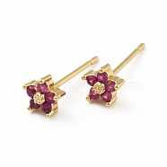 Cubic Zirconia Flower Stud Earrings, Real 18K Gold Plated Brass Jewelry for Women, Cadmium Free & Lead Free, Medium Violet Red, 15x5x5mm, Pin: 0.7mm(EJEW-C035-15G-04)