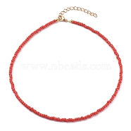 Round Opaque Colours Glass Seed Beaded Necklaces, with Alloy Lobster Claw Clasps, Golden, Red, 15.07 inch(38.5cm)(NJEW-JN03362-01)