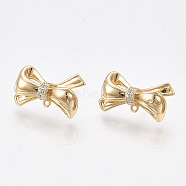 Brass Cubic Zirconia Stud Earring Findings, with Loop, Bowknot, Clear, Nickel Free, Real 18K Gold Plated, 9.5~10.5x17mm, Hole: 0.8mm, Pin: 0.8mm(KK-S350-425)