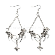Alloy Bat Wing with Cross Dangle Earrings for Halloween, Antique Silver, 93x39.5mm(EJEW-G349-01AS)