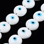 Handmade Evil Eye Lampwork Beads Strands, Flat Round, White, 14~16x16~17x8.5~9mm, Hole: 1mm, about 25pcs/strand, 14.96 inch(38cm)(LAMP-N029-009F)