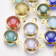 Handmade Lampwork Charms, with 304 Stainless Steel Findings, Flat Round, Golden, Mixed Color, 9.5x6.5x2.5~3mm, Hole: 1.5mm(X-STAS-T045-16A-G)