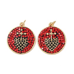 Brass Micro Pave Cubic Zirconia Rhinestone Pendants, Flat Round with Heart Charms, with Polymer Clay, Rack Plating, Long-Lasting Plated, Lead Free & Cadmium Free, with Jump Ring, Real 18K Gold Plated, 22x19x4mm, Hole: 3.5mm(KK-C143-27G)