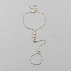304 Stainless Steel Rhinestone Flat Round Link Finger Ring Bracelets for Women, Light Gold, 7-1/8 inch(18cm)(BJEW-WH20014-01G)