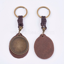Alloy Cabochon Settings, Cadmium Free & Lead Free Keychain, with Cowhide Pendants and Iron Rings, Flat Round, Antique Bronze, Tray: 35mm, 122mm(KEYC-T003-28)