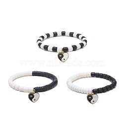 3Pcs 3 Style Handmade Polymer Clay Beaded Stretch Bracelets Set, Clear Cubic Zirconia Heart Yin Yang Charms Stackable Bracelets for Women, Black and White, Inner Diameter: 2-1/4 inch(5.55cm), 1Pc/style(BJEW-JB08853)