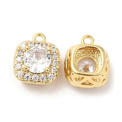 Brass and Clear Cubic Zirconia Pendants, Square, Real 18K Gold Plated, 12x10x7mm, Hole: 1.4mm(ZIRC-Q202-15G)