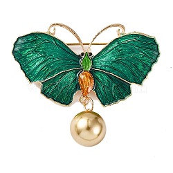 KC Gold Plated Alloy Brooches, Butterfly Enamel Pins with Resin Beads, Green, 50x46x11.9mm(JEWB-L017-04KCG-03)