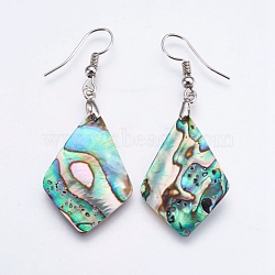 Abalone Shell/Paua Shell Dangle Earrings, with Brass Findings, Rhombus, Platinum, 53~53.5mm, Pin: 0.7mm(EJEW-F147-E08)