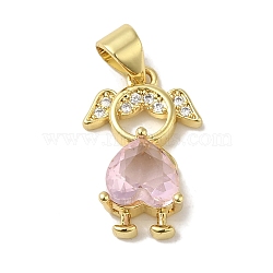 Rack Plating Brass Micro Pave Cubic Zirconia Pendants, with Glass, Cadmium Free & Lead Free, Long-Lasting Plated, Gir, Pink, Real 18K Gold Plated, 17.5x11.5x5mm, Hole: 4x3mm(KK-P272-19G)