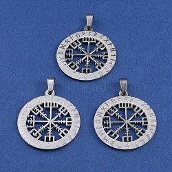 304 Stainless Steel Norse Viking Compass Amulet Pendants, Flat Round, Stainless Steel Color, 35x30x1.5mm, Hole: 8x3.5mm(STAS-WH0029-32B)