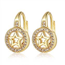 Brass Micro Pave Cubic Zirconia Pentacle Leverback Earrings, Flat Round with Star, Clear, Golden, 16x13x10.5mm, Pin: 1mm(EJEW-S205-JN467-2)