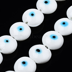 Handmade Evil Eye Lampwork Beads Strands, Flat Round, White, 14~16x16~17x8.5~9mm, Hole: 1mm, about 25pcs/strand, 14.96 inch(38cm)(LAMP-N029-009F)