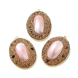 Brass Pave Rhinestone Pendants, Oval Charms with Natural Shell, Long-Lasting Plated, Golden, 41x29x10~10.5mm, Hole: 1.8mm(KK-K362-02G)