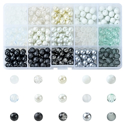 375Pcs 15 Style Imitation Jade & Pearl & Baking Painted Glass Beads, for Beading Jewelry Making, Round, Black and White, 8~9mm, Hole: 1~1.6mm, about 25Pcs/style(GLAA-FS0001-34)
