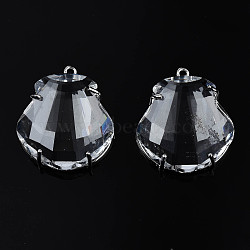 Transparent Glass Pendants, with Brass Findings, Long-Lasting Plated, Faceted, Shell Shape, Platinum, 26x23x9.5mm, Hole: 1.4mm(GLAA-Q088-025B)