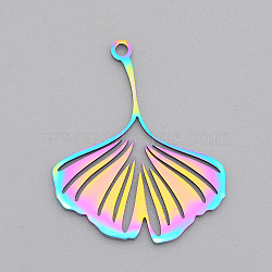 Ion Plating(IP) 201 Stainless Steel Pendants, Laser Cut, Ginkgo Leaf, Rainbow Color, 26x21.5x1mm, Hole: 1.5mm(STAS-S105-LA546)