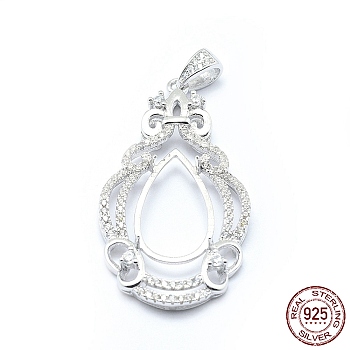Rhodium Plated 925 Sterling Silver Pendant Cabochon Open Back Settings, with Cubic Zirconia, Teardrop, with 925 Stamp, Platinum, 38.5x21x4mm, Hole: 5x3mm, Tray: 16.5x8mm, Pin: 0.8mm