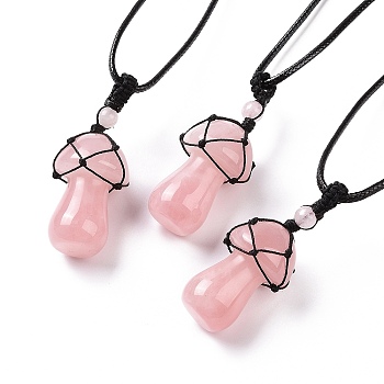 Natural Rose Quartz Mushroom Pendant Necklace, Wax Rope Macrame Pouch Braided Necklace for Women, 29.92 inch(76cm)